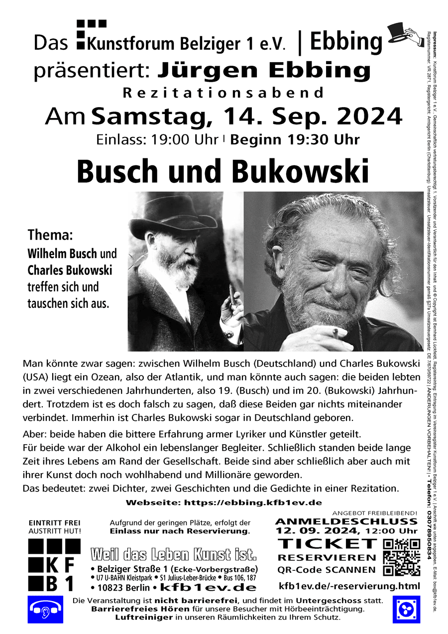 Rezitation mit J. Ebbing >Busch und Bukowski im KFB1 am 14. Sep. 2024